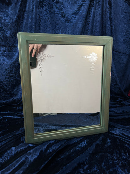 Vintage Wood Framed Mirror - Etched Floral Glass Moss Green Painted Frame