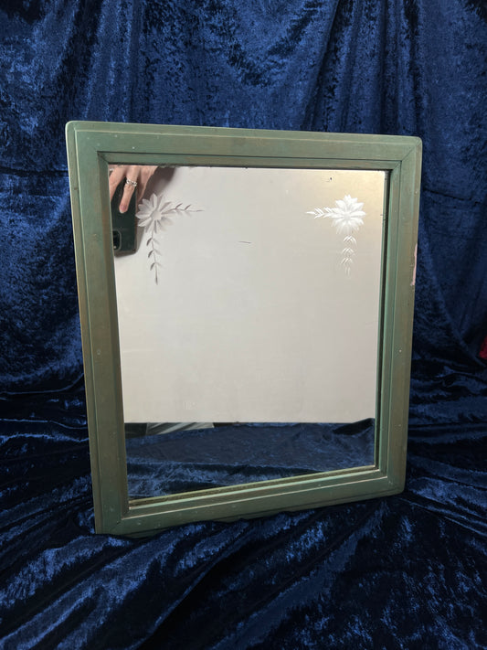 Vintage Wood Framed Mirror - Etched Floral Glass Moss Green Painted Frame