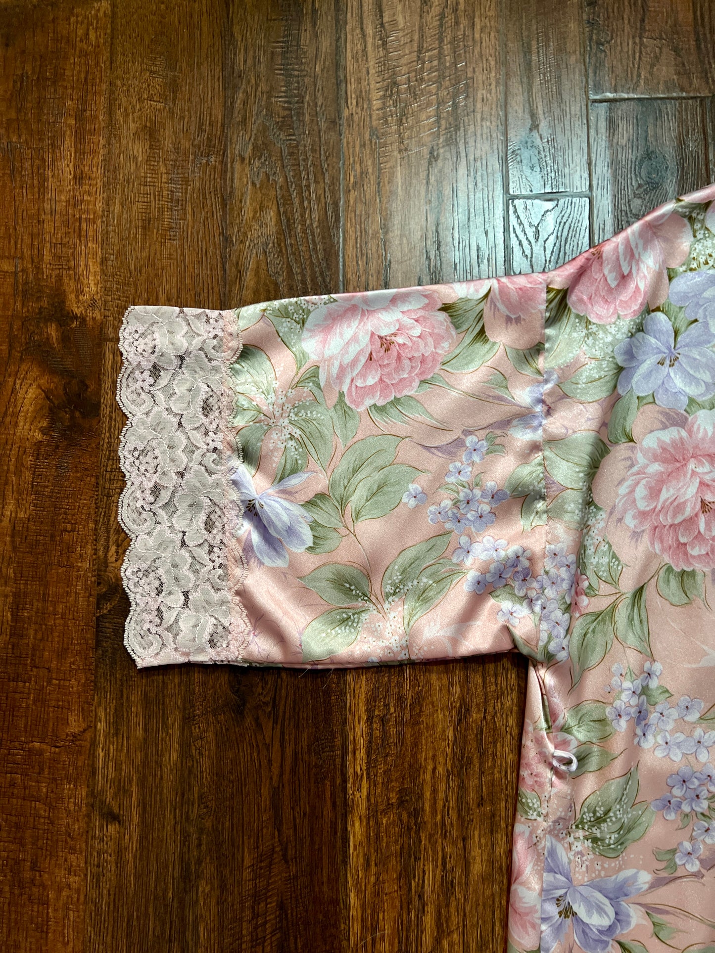 Vintage Silky Nightgown and Robe Lingerie Set - Pink Floral Print Peignoir Ensemble - Val Mode