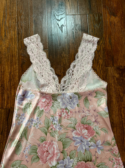 Vintage Silky Nightgown and Robe Lingerie Set - Pink Floral Print Peignoir Ensemble - Val Mode
