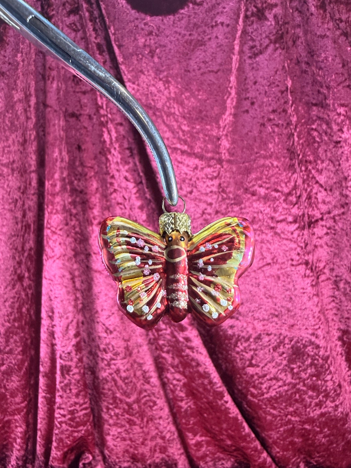Vintage Christmas - Handblown Glass Ornament - Hot Pink Butterfly - 1.75"