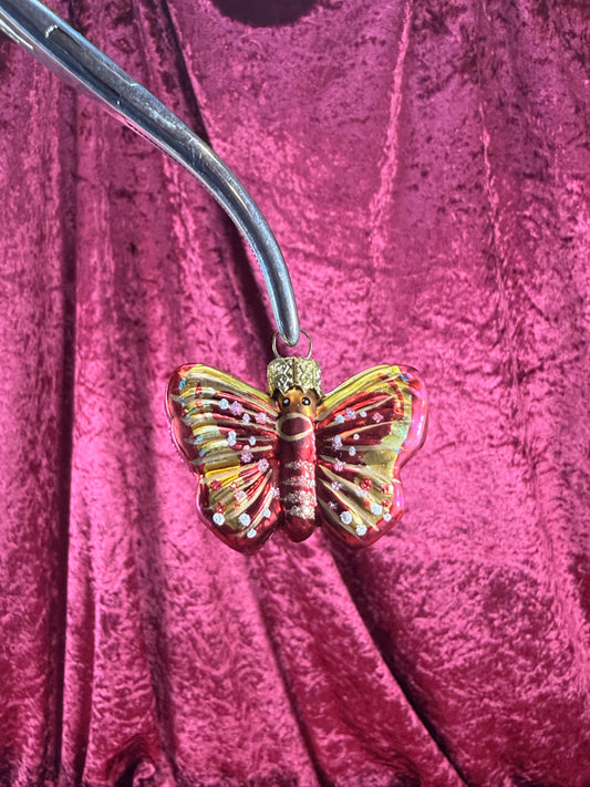 Vintage Christmas - Handblown Glass Ornament - Hot Pink Butterfly - 1.75"