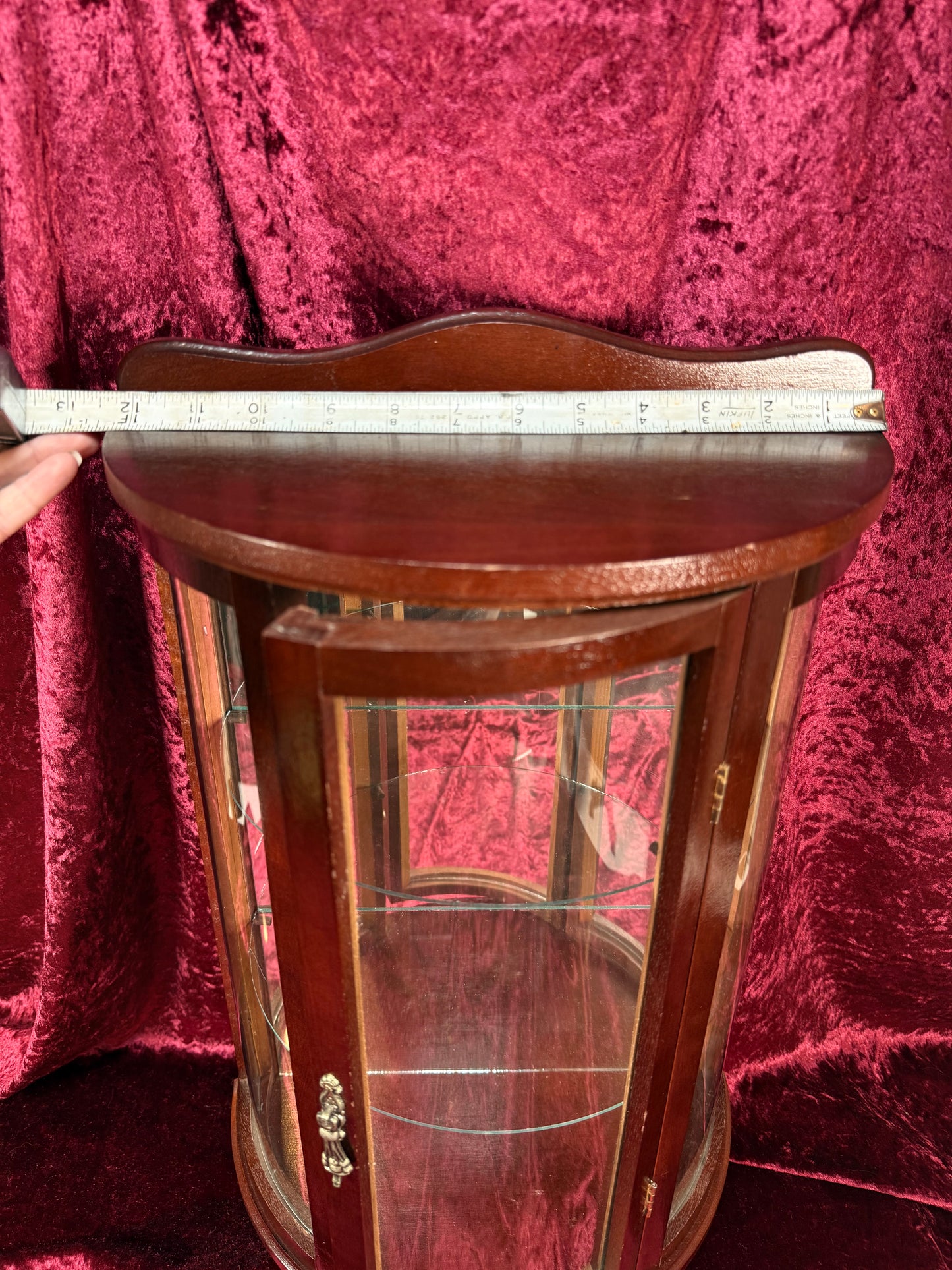 Vintage Curio Cabinet - Table Top Wood Curved Glass Cabinet - Mirrored Back - Glass Shelves - 20" Tall