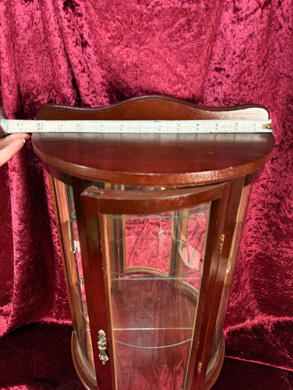 Vintage Curio Cabinet - Table Top Wood Curved Glass Cabinet - Mirrored Back - Glass Shelves - 20" Tall