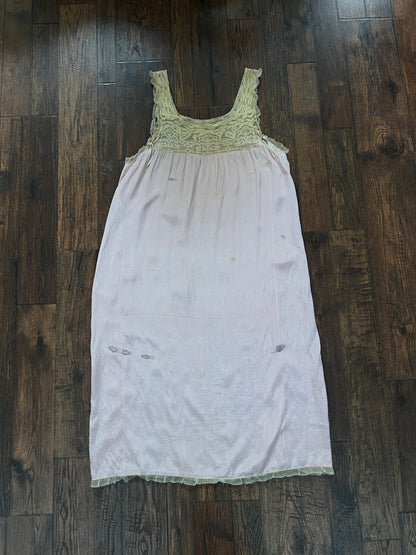 Vintage 1940s Pink Shift Nightgown - Sleeveless Lace Trim Slip Dress - Medium