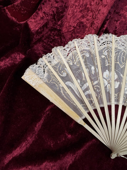 Antique Art Nouveau Handheld Fan with Lace Trim – Hand Painted Floral Design with Sequin Detail