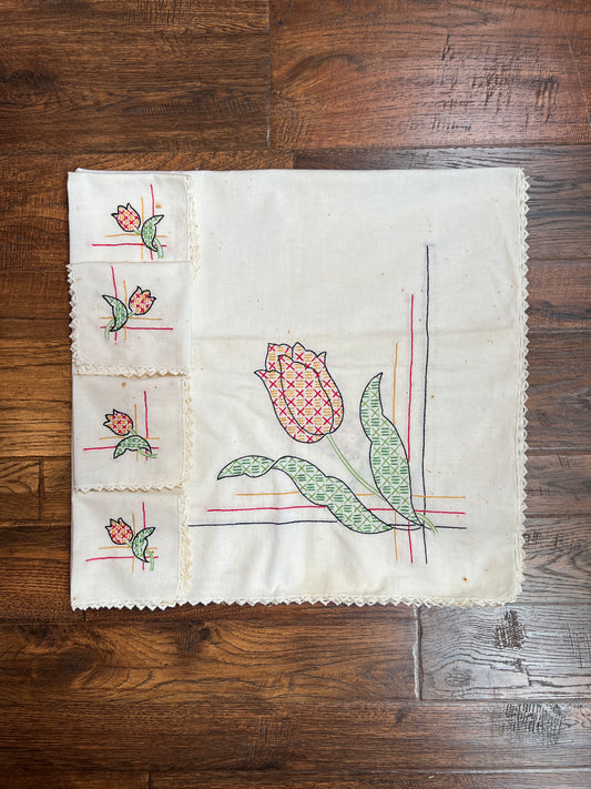 Vintage Linens - Square Tablecloth and Napkin Set - Embroidered Red Tulips