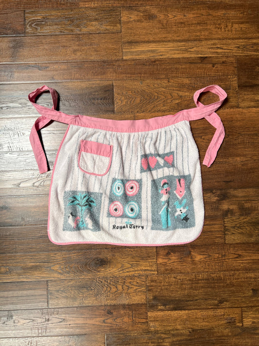 Vintage Clothing - Terry Cloth Half Apron - Mid Century House Scene - Royal Terry