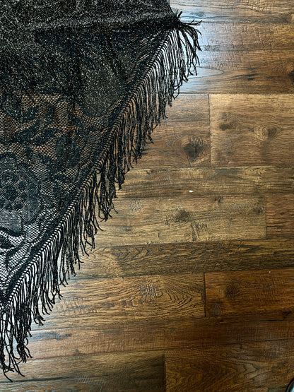 Vintage Metallic Net Shawl - Black Gold Floral Lace Fringe Triangle Wrap