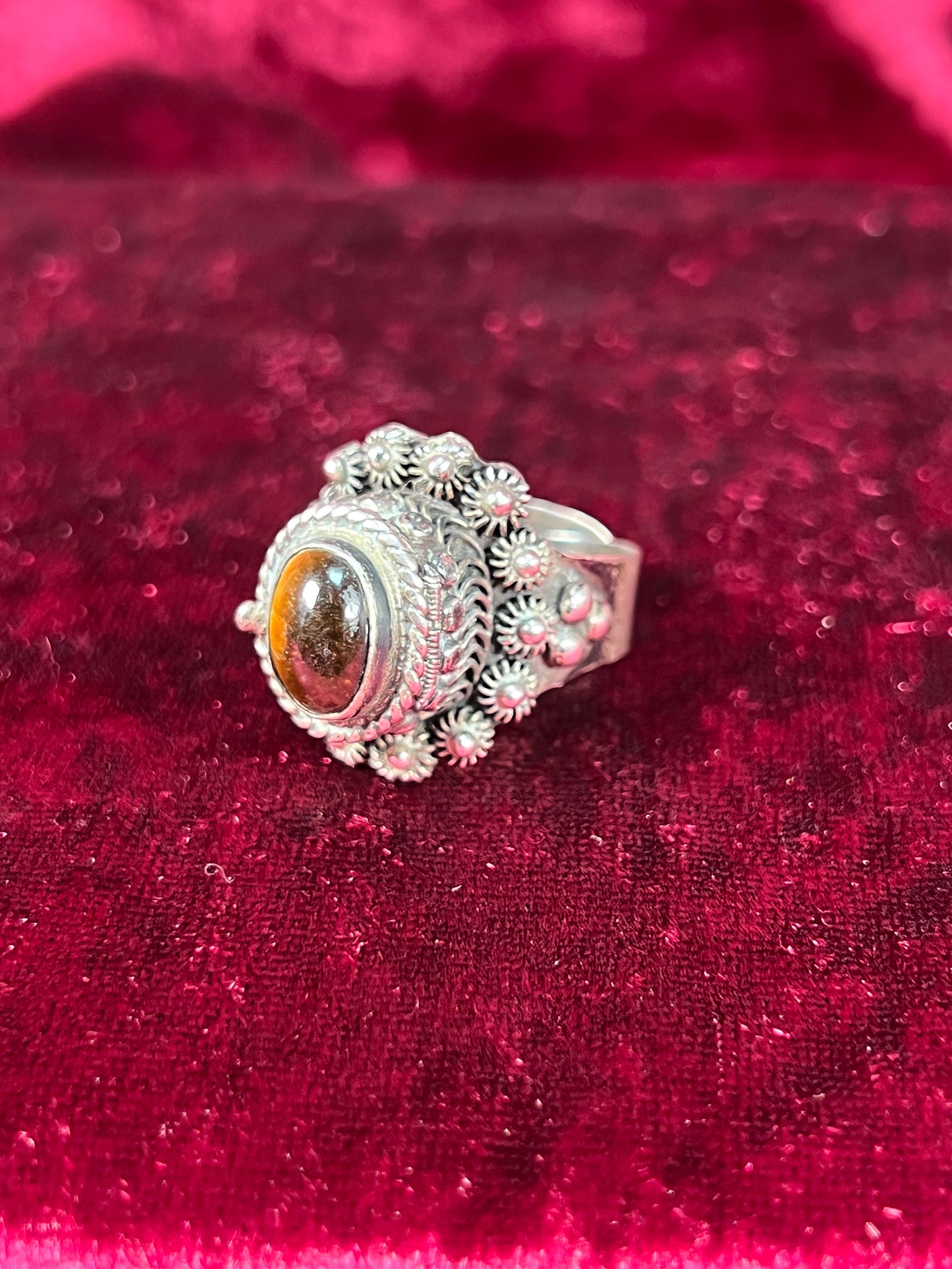 Vintage Jewelry - Adjustable Poison Ring - Sterling Silver - Tigers Eye Center Stone - Taxco