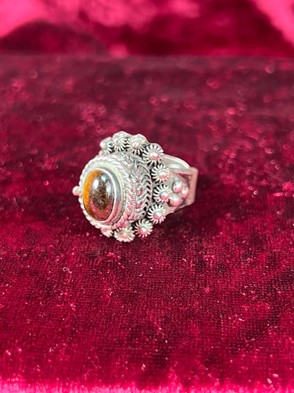 Vintage Jewelry - Adjustable Poison Ring - Sterling Silver - Tigers Eye Center Stone - Taxco