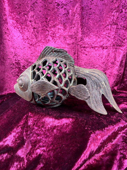 Vintage Home Decor - Hanging / Tabletop Candle Lantern - Cast Iron Koi Fish