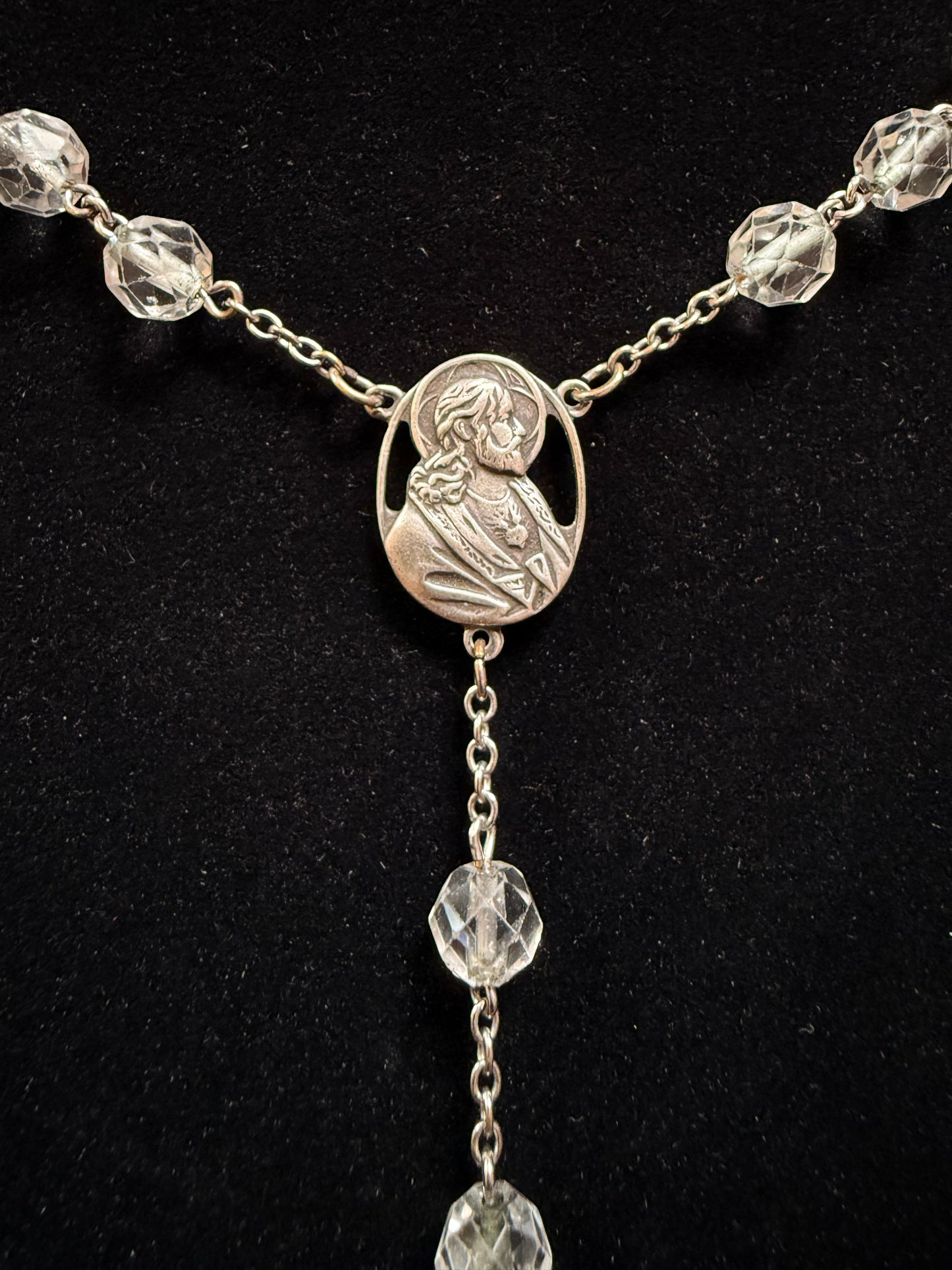 Vintage Jewelry - Italian Rosary - Sterling Silver - Clear Faceted Beads - 24”