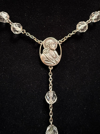 Vintage Jewelry - Italian Rosary - Sterling Silver - Clear Faceted Beads - 24”