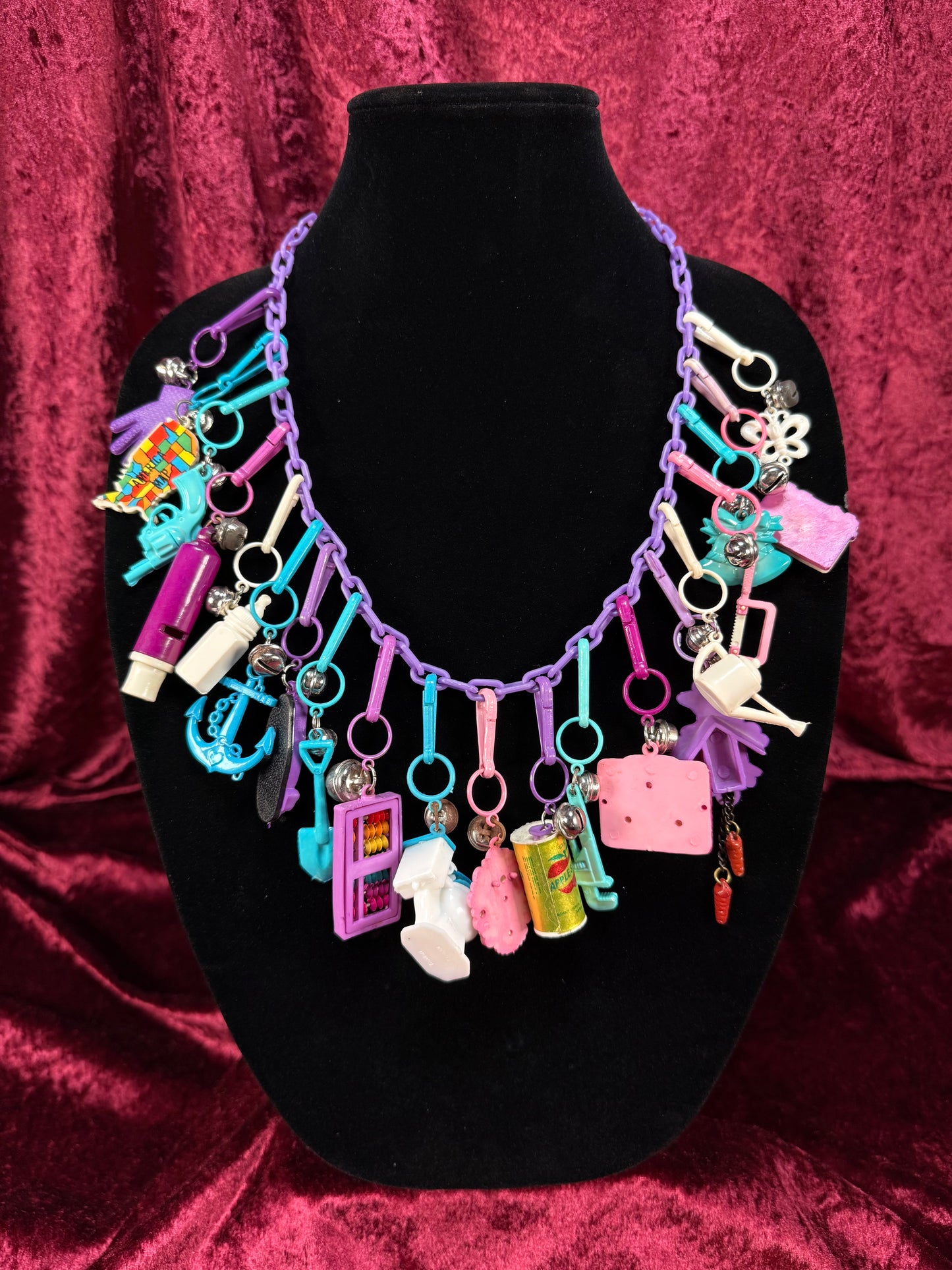 Vintage 1980s Plastic Chain Charm Necklace - 20 Bell Charms - Purple & Aqua Blue