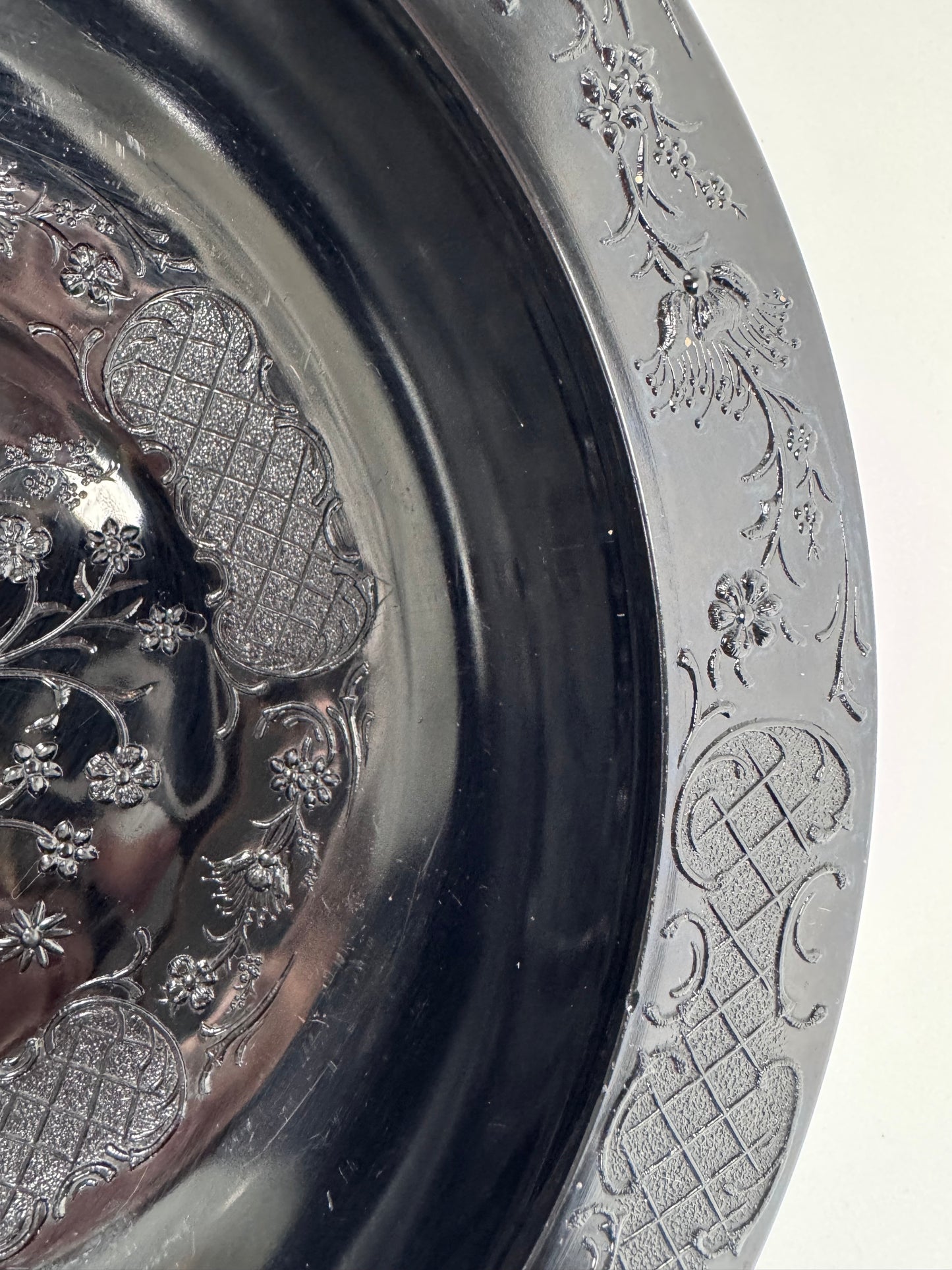 Vintage Footed Black Pressed Glass Bowl - Floral Trellis Decorative Pattern