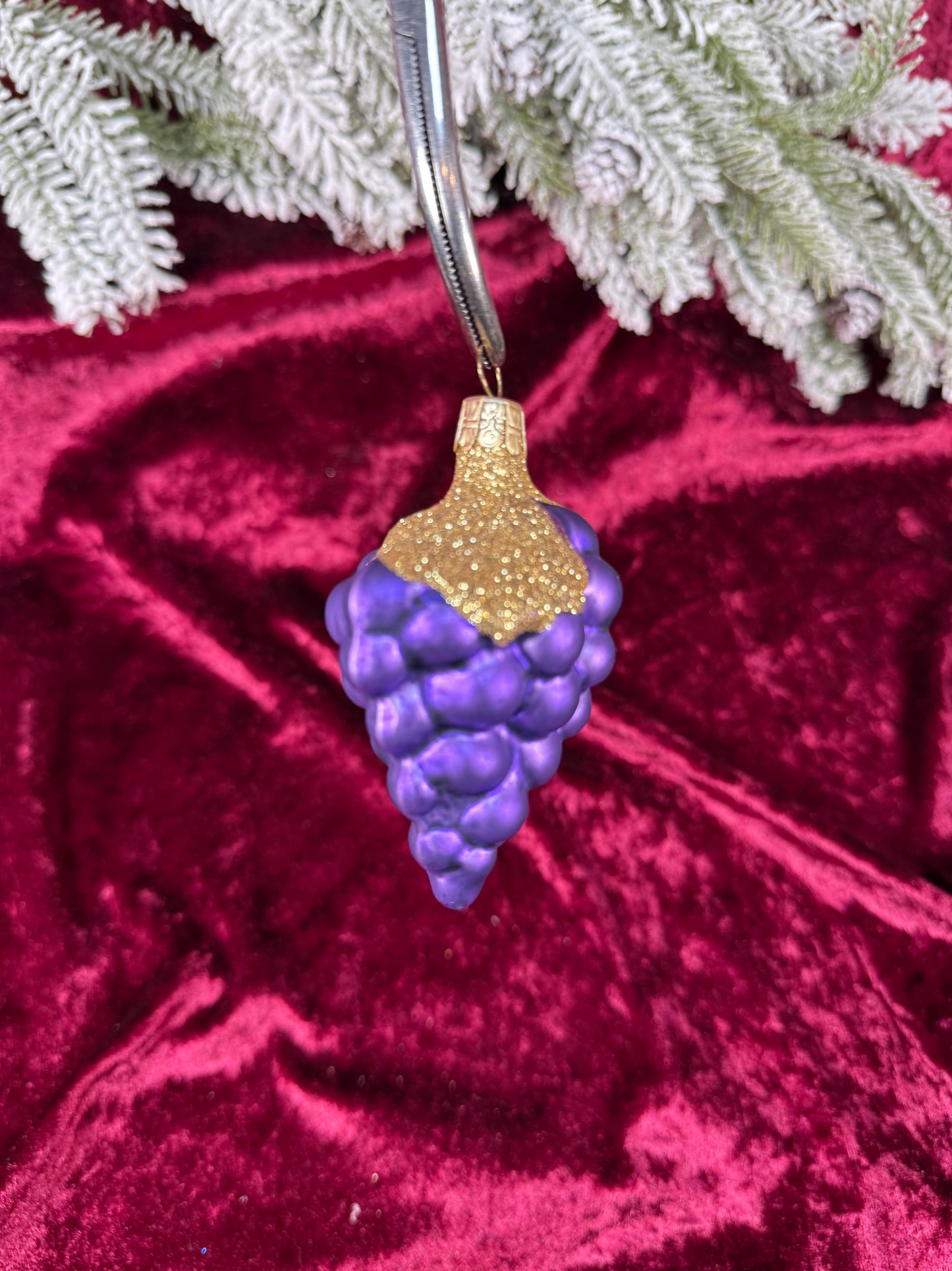 Vintage Christmas - Handblown Glass Ornament - Purple Grape Cluster with Gold Glitter