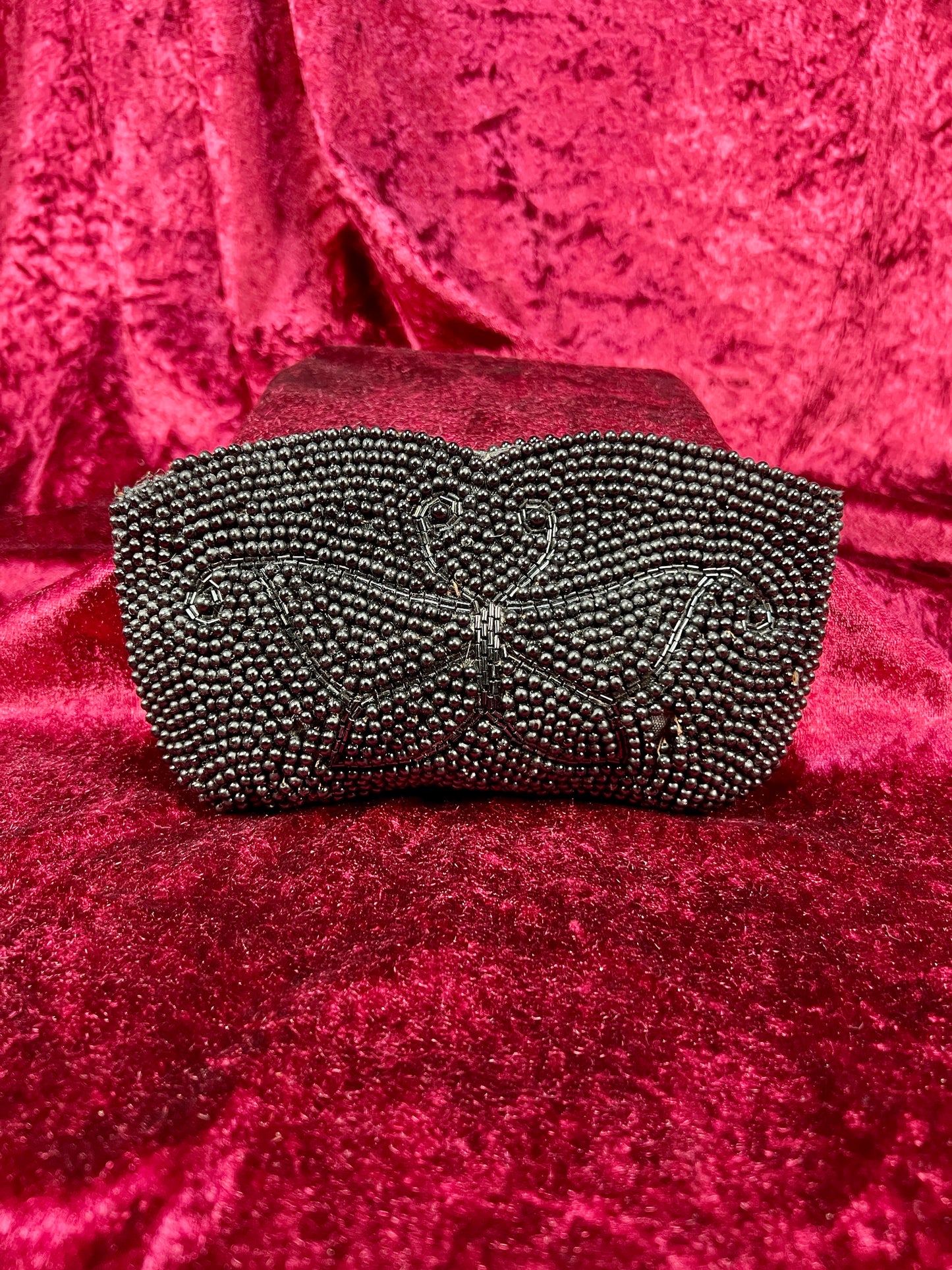 Vintage Beaded Evening Clutch – Black Butterfly Motif Cocktail Purse