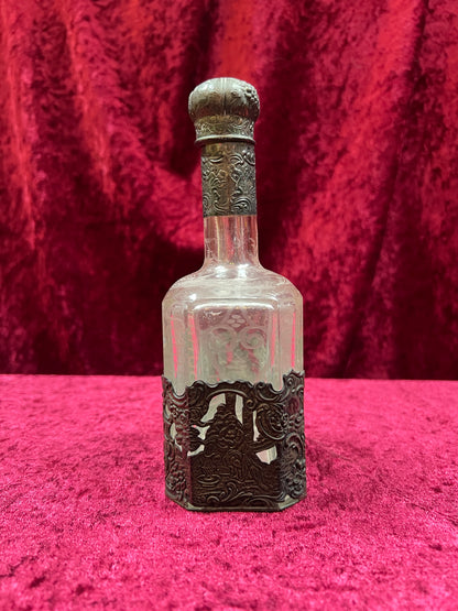 Vintage Barware - Antique 18th Century Etched Glass Decanter - Silver Repousse - German