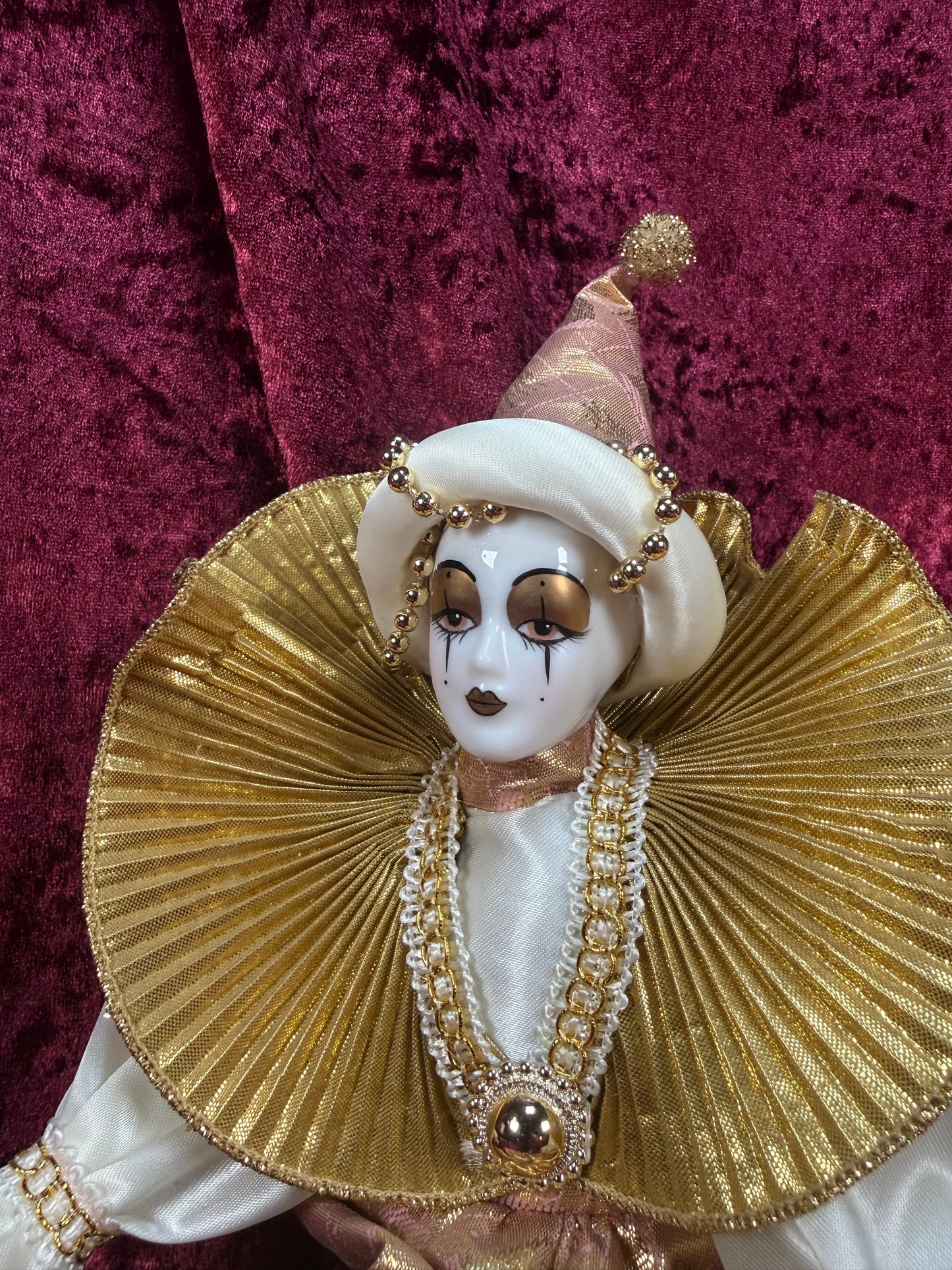 Vintage Porcelain Harlequin Doll – Gold Ruffled Collar Pierrot Figure