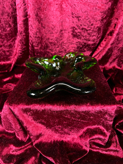 Vintage Blenko Handblown Ashtray - Green Amoeba Freeform Art Glass Trinket Dish
