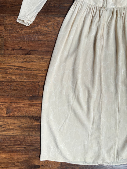 Vintage Clothing - Edwardian Revival Silk Jacquard Dress - Beige Floral Pattern with Lace Trim - Medium - Jessica McClintock