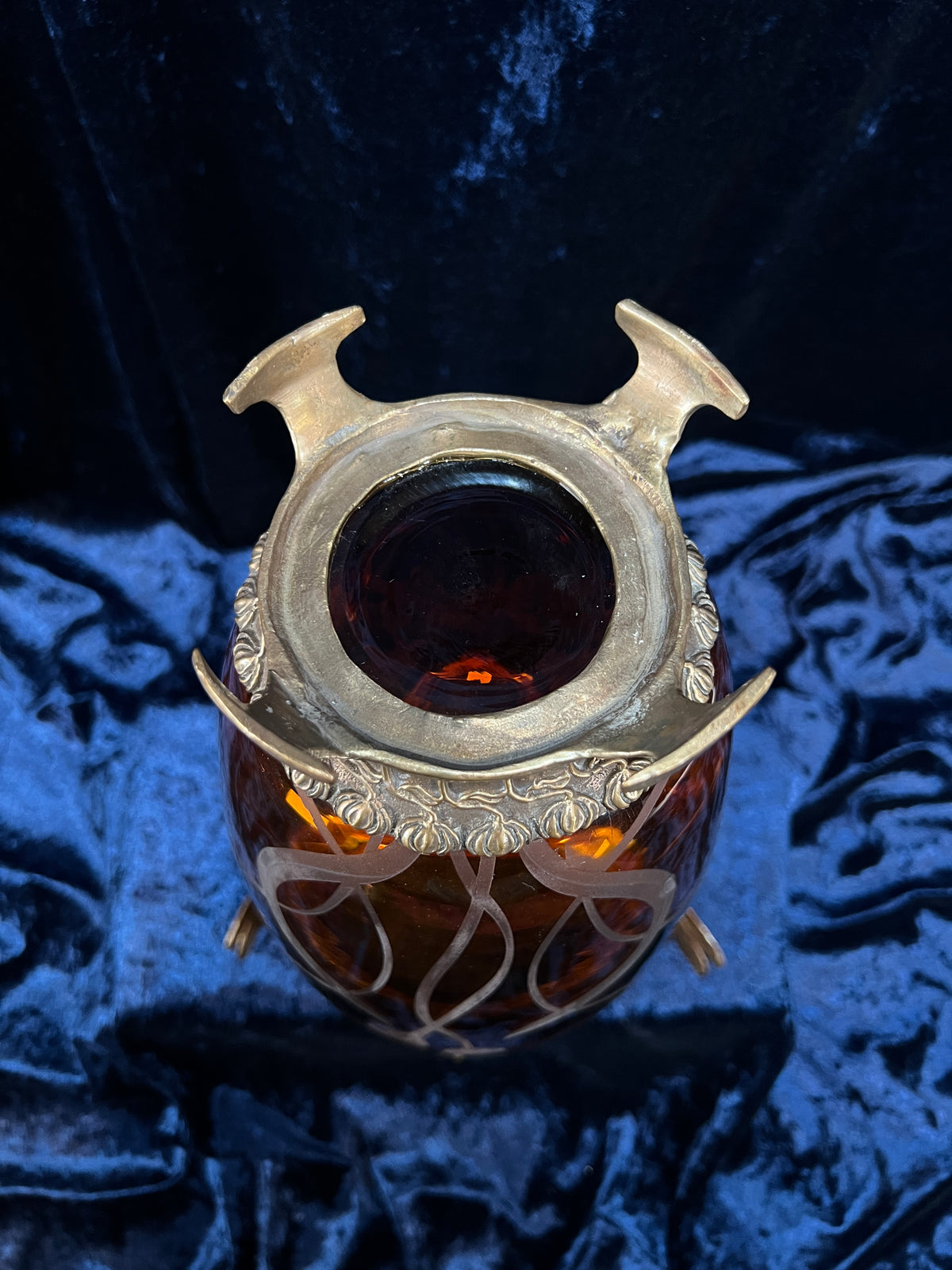 Vintage Art Nouveau Revival Opium Jar - Etched Poppies on Amber Glass - Castilian Poland