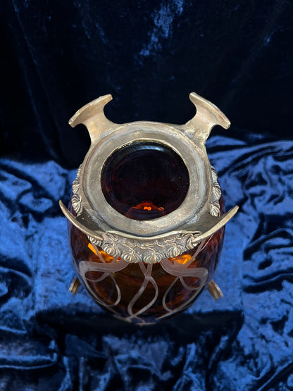 Vintage Art Nouveau Revival Opium Jar - Etched Poppies on Amber Glass - Castilian Poland