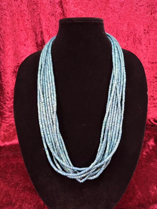 Vintage Puka Shell Necklace – Eight Strand Turquoise Tone Layered Collar