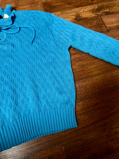 Vintage Gianni Benini Sweater - Robin's Egg Blue Open Knit Tie Neck Pullover - Medium
