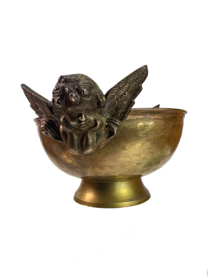 Vintage Copper & Brass Double Angel Pedestal Bowl