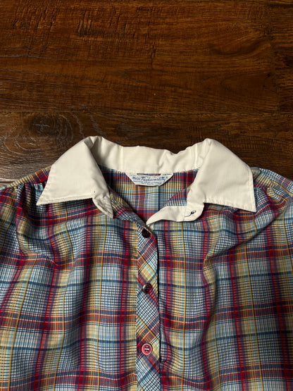 Vintage Miss Fashionability Plaid Blouse – Contrast White Collar Preppy Style – Medium