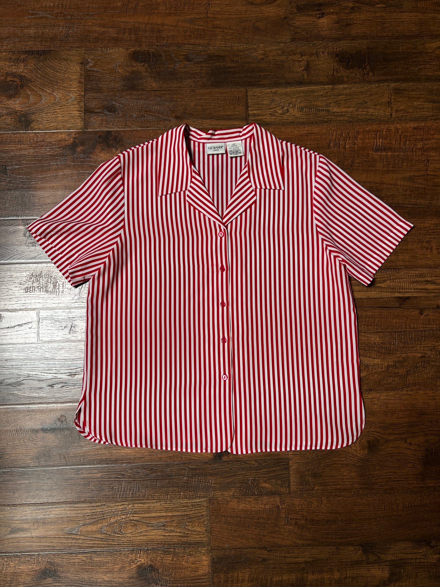 Vintage Liz Baker Petite Polyester Blouse – Red & White Striped Button Up – Large