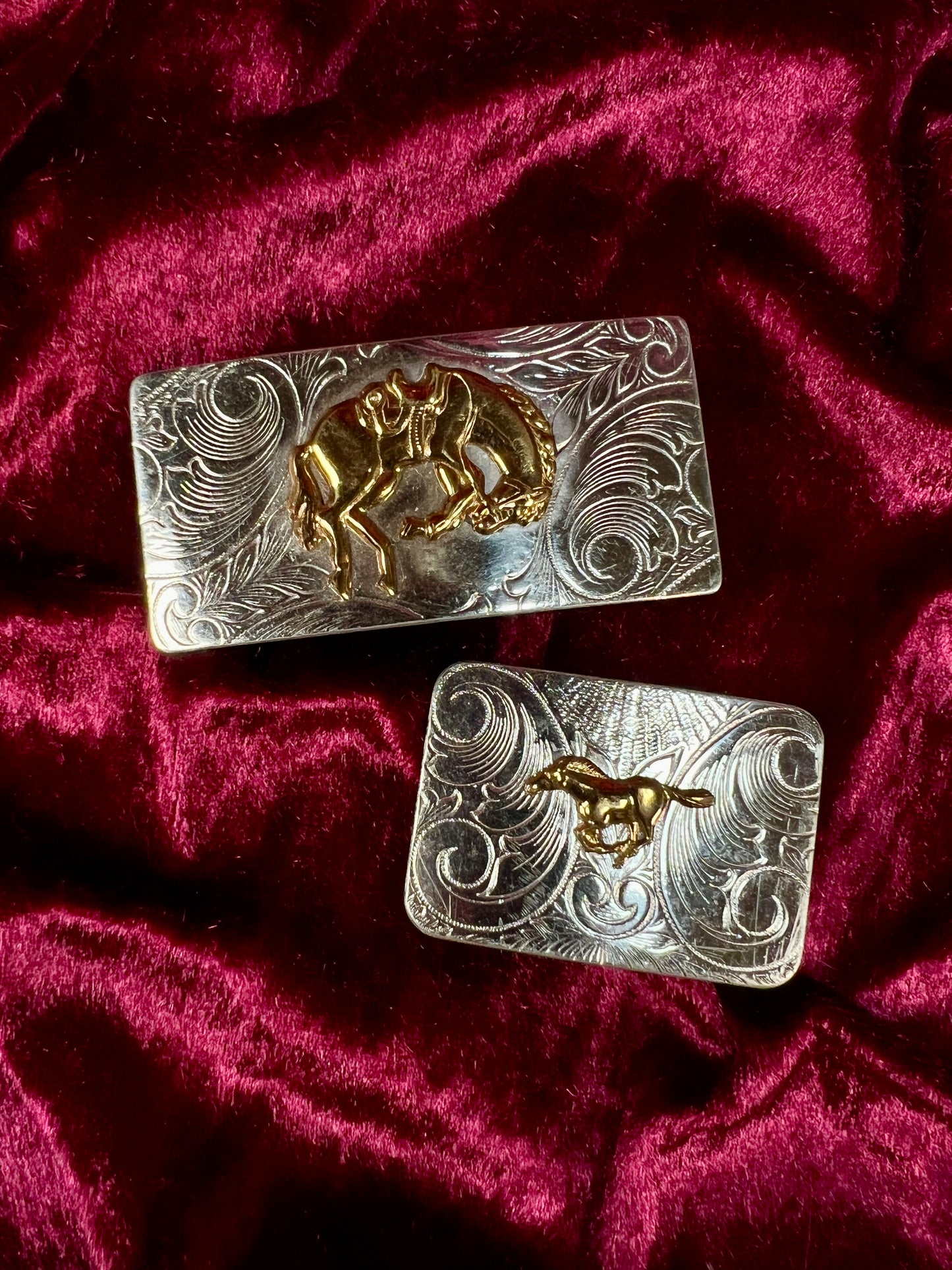 Vintage Nickel Silver Western Belt Buckle Pair - Bucking Bronco and Mustang Engraved