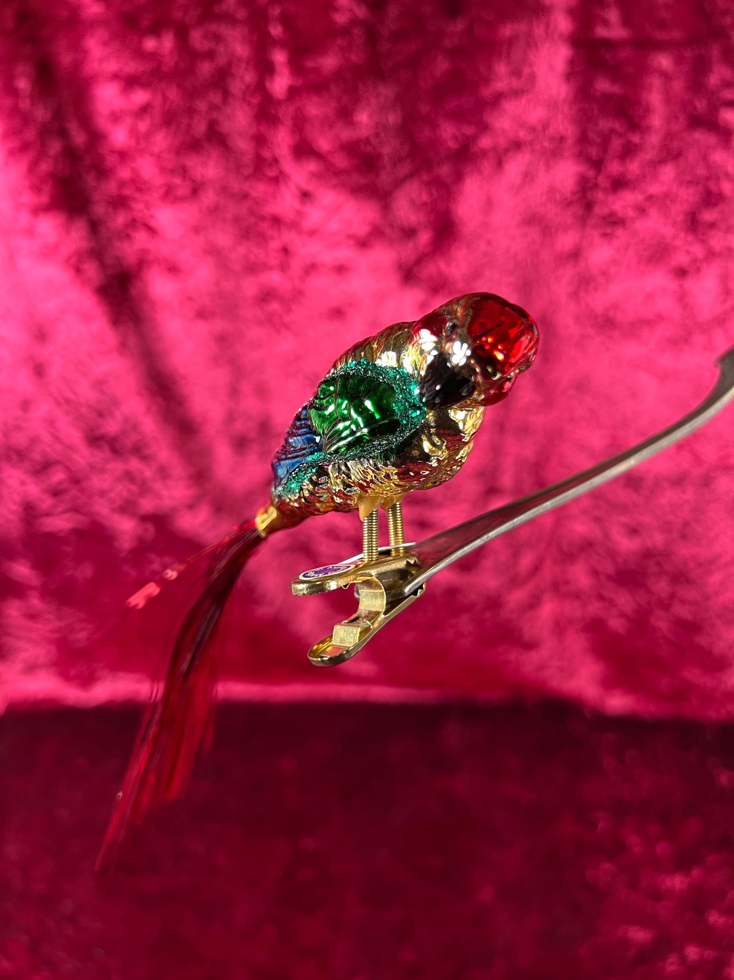 Vintage Christmas - Glass Clip-On Ornament - Rainbow Macaw Parrot with Tinsel Tail - Made In Germany
