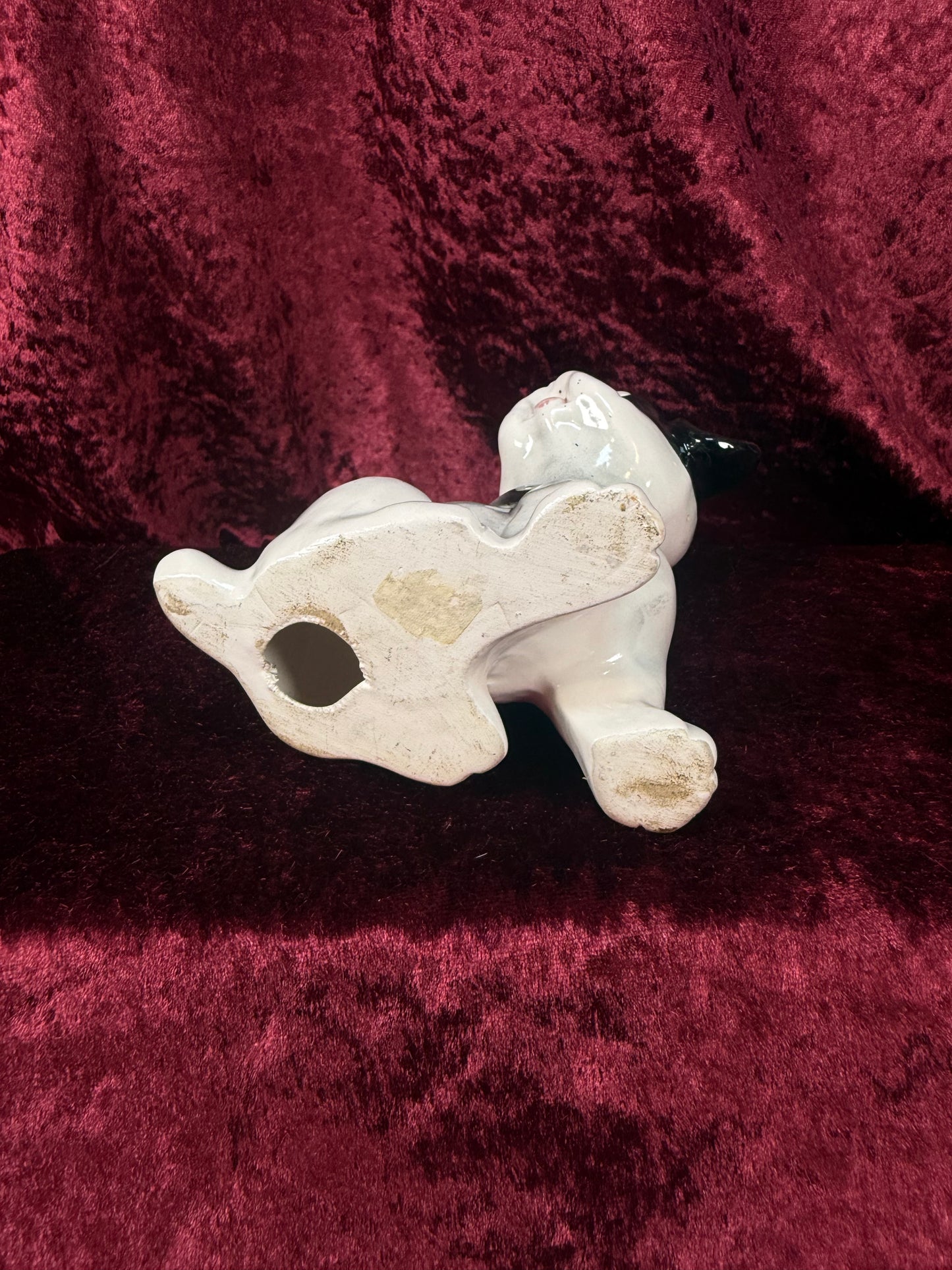 Vintage 1950s Ceramic Dog Figurine – Black & White Puppy with Big Eyes