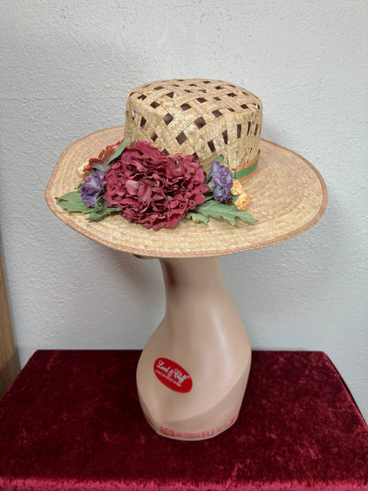 Vintage Accessories - Straw Sun Hat - Faux Flowers on Ribbon - Medium - The Hat Factory