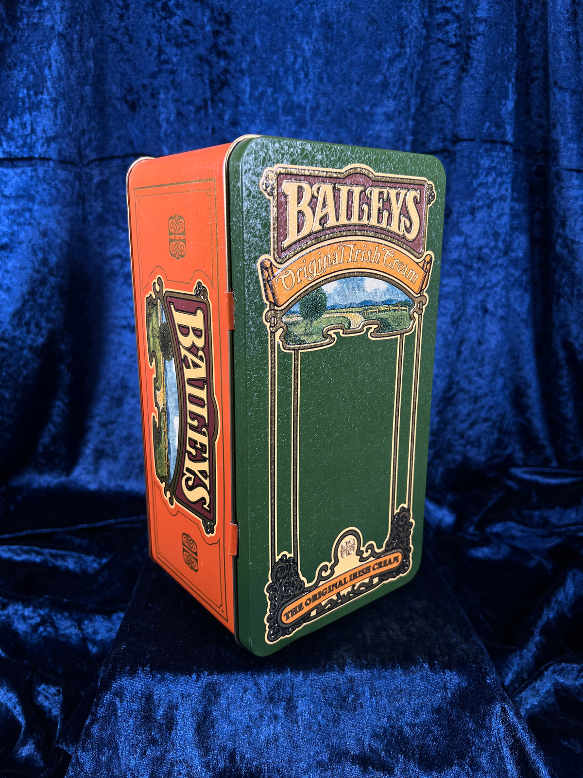 Vintage Baileys Irish Cream Metal Tin - Green Orange Hinged Advertising Box
