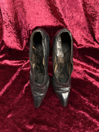 Antique Edwardian Poiret Black Leather Pumps – Louis XV Style Heel - Size 6