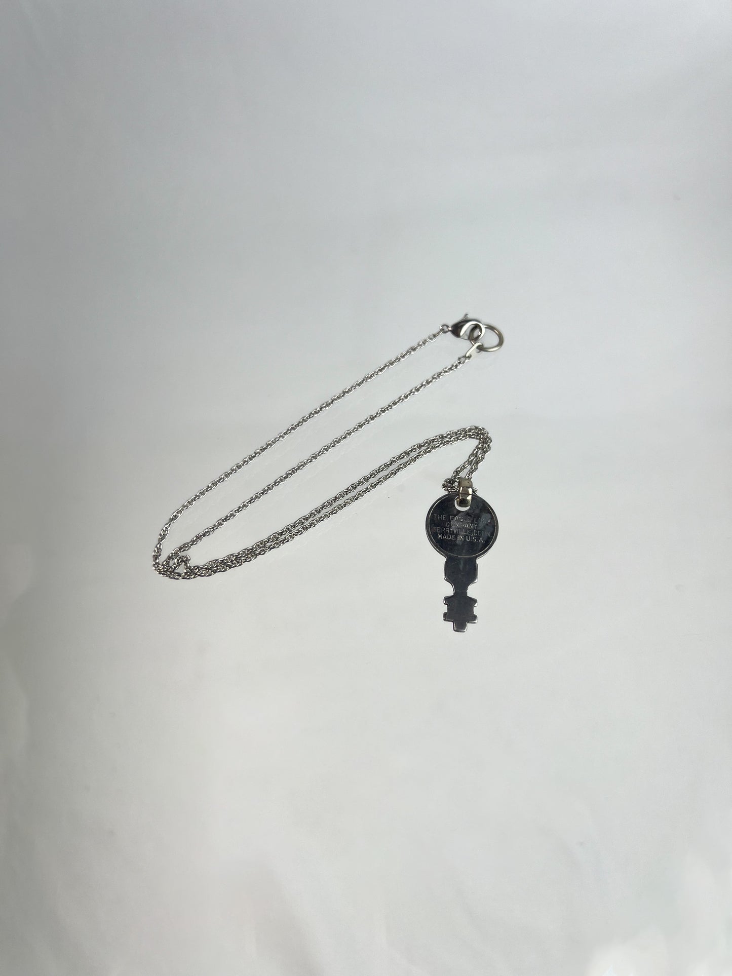 Vintage Jewelry - Pendant Necklace - Silver Tone Rope Chain - Old Eagle Lock Co. Logo Key