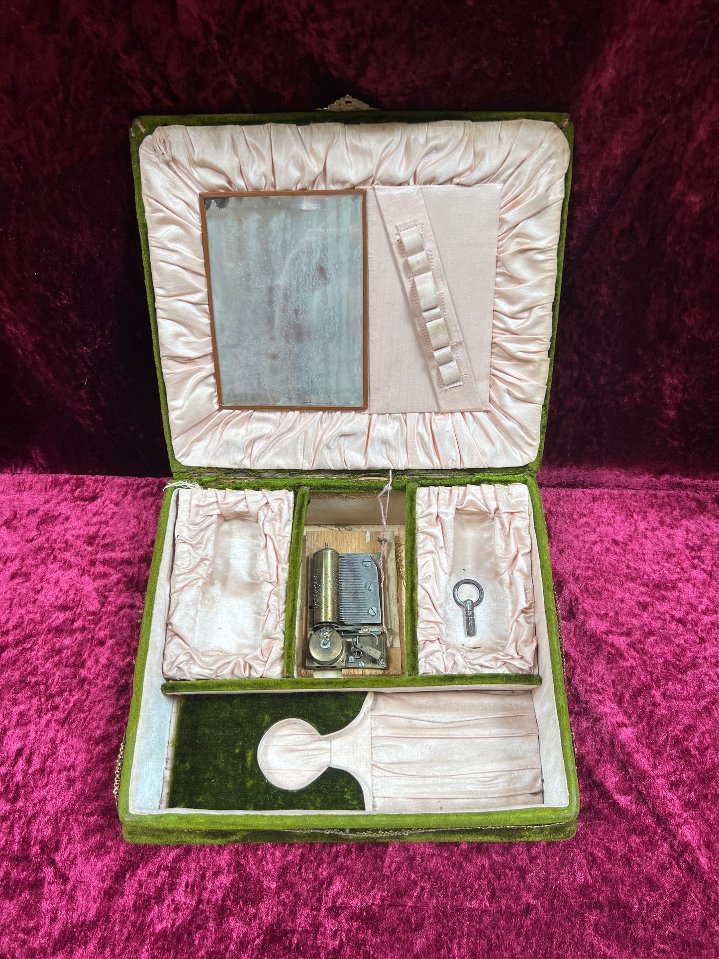 Antique Vanity Decor - French Musical Perfume Box - Green Velvet - Gold Metal Trim