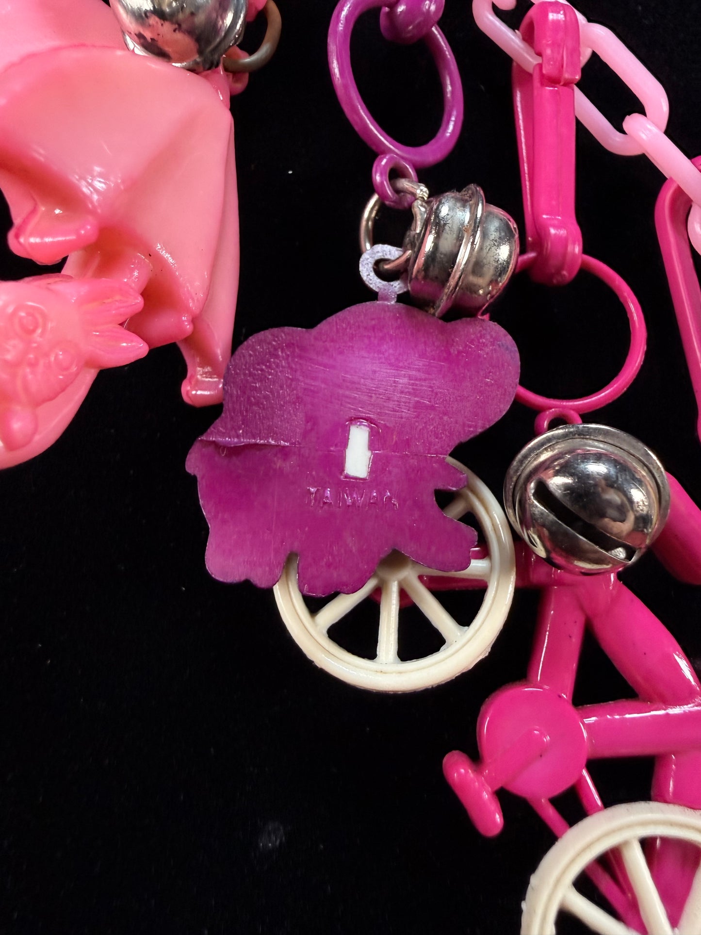 Vintage 1980s Plastic Chain Charm Necklace - 12 Bell / Googly Eyes Charms - Pink & Purple