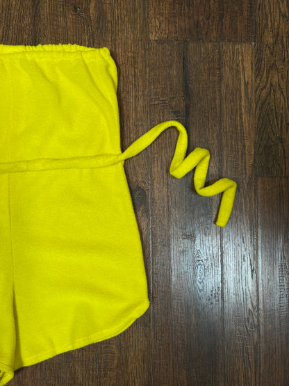 Vintage 1970s Yellow Terrycloth Playsuit - Strapless Belted Bathing Suit Cover-Up - Small