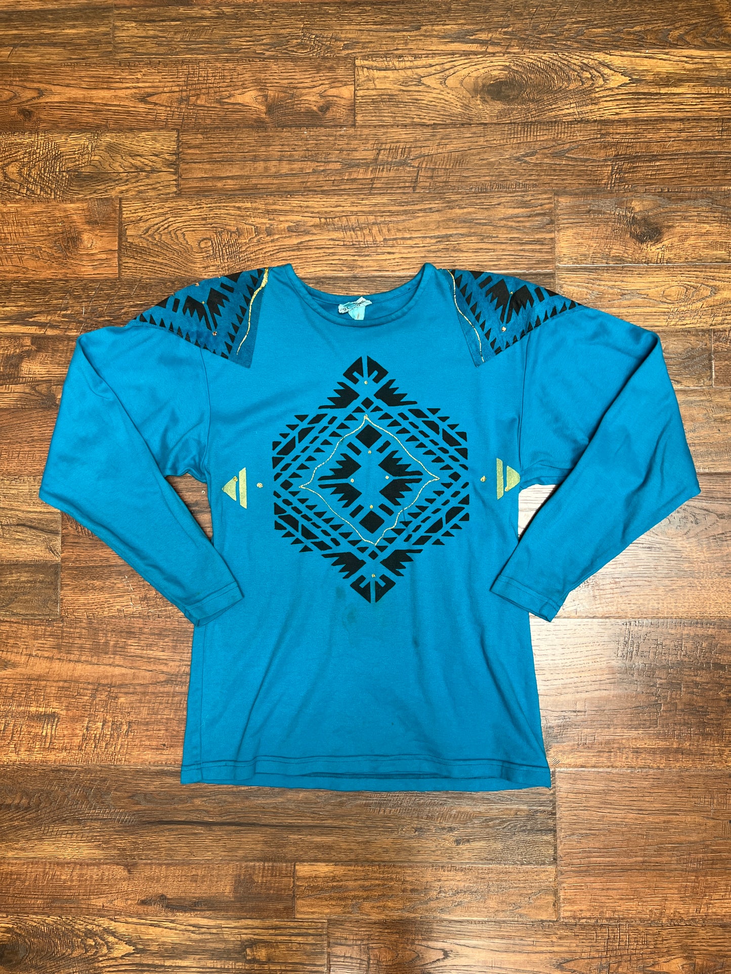 Vintage Clothing - Long Sleeve Shirt - Southwestern Print on Blue - Medium - Silver Cloud