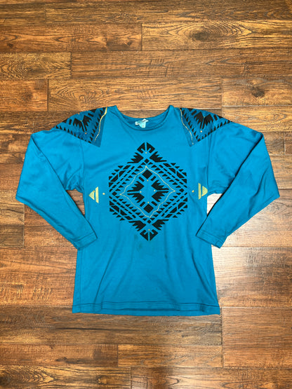 Vintage Clothing - Long Sleeve Shirt - Southwestern Print on Blue - Medium - Silver Cloud