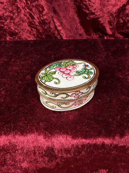 Vintage Miniature Canton Enamel Pill Box – Vining Grape Cluster with Floral Border