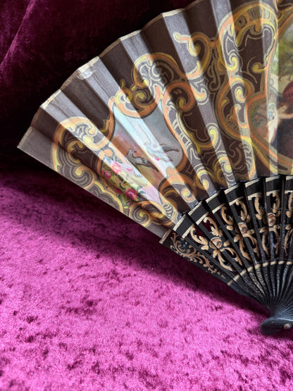 Vintage Mid Century Painted Wood Folding Fan – Double-Sided European Court Scenes