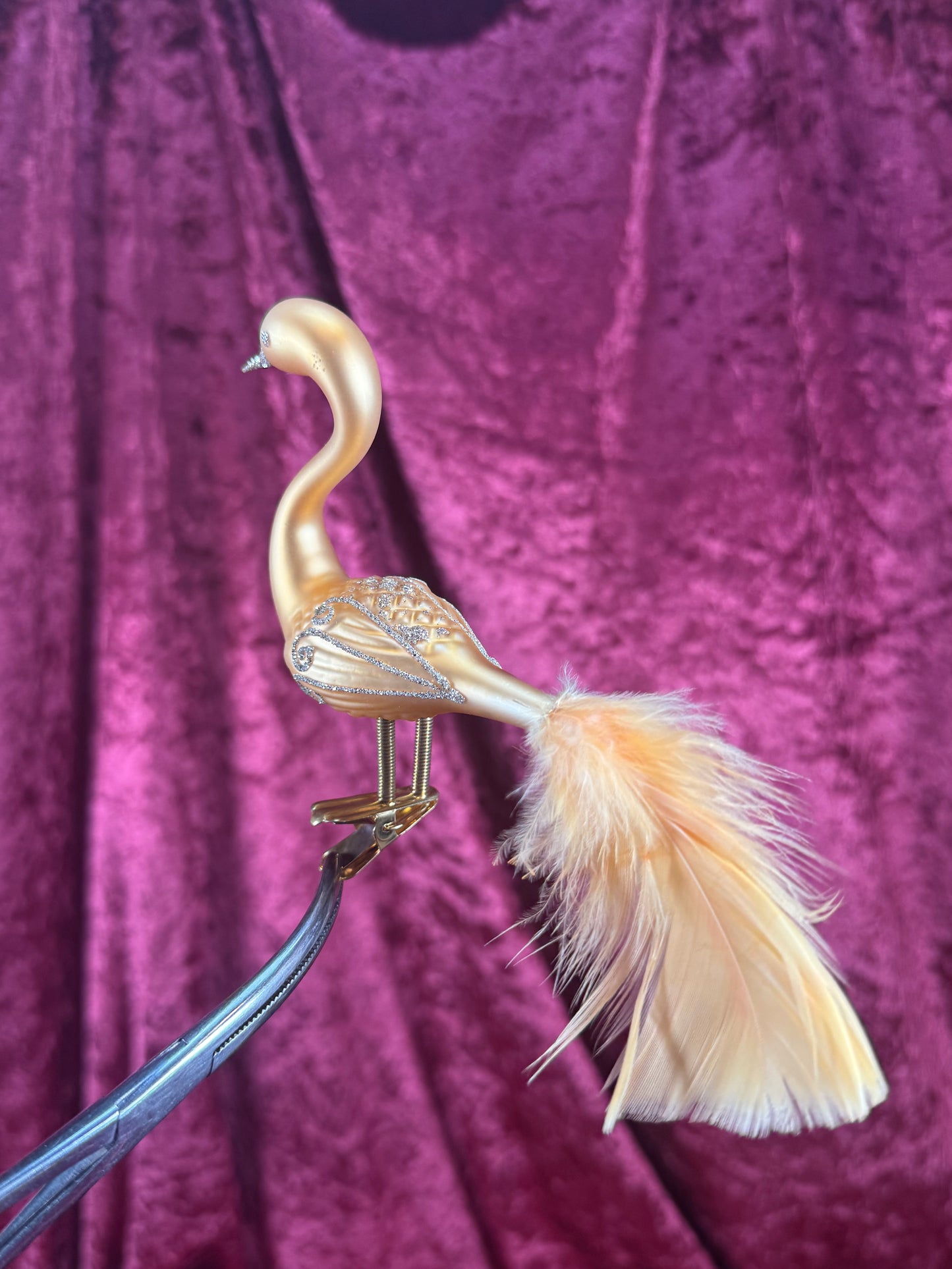 Vintage Christmas - Handblown Glass Clip On Ornament - Gold Swan with Feather Tail