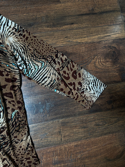 Vintage Rayon Blend Animal Print Top – Abstract Safari Long Sleeve – Large