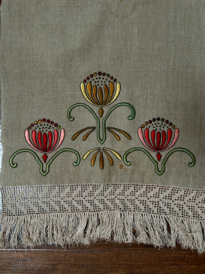 Vintage Linen Table Runner - Hand Embroidered Art Deco Florals Crochet Lace Fringe
